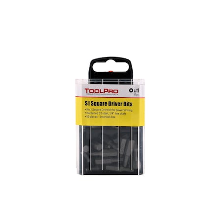 Toolpro 1 Square Drive Bit Tips in Interlocking Storage Box 50Pack, 50PK TP60620